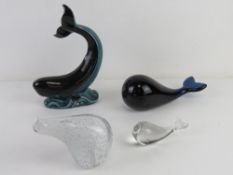 Two Wedgwood glass whale paperweights,