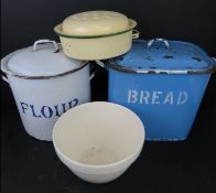 A vintage enamelled bread bin together with similar flour bin and proving tin.