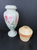 A handpainted glass vase together with a retro glass lampshade. Two items.