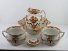 A late 19thC Stella wash jug and bowl with matching chamber pots and lidded soap dish. Jug 29cm