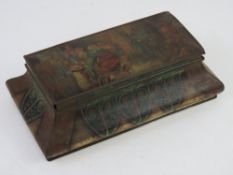 A delightful sarcophagus shaped biscuit tin c1920s. Of Art Nouveau influence and having coloured