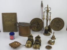 A quantity of assorted brassware inc fireside items and watering can.