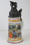 A military themed ceramic beer stein having cannon to lid and lion with shield to handle, of