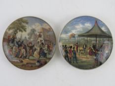 Two Pratt style ceramic pot lids 'Wimbledon July 2nd 1960' and 'The Village Wedding Teniers Pink',