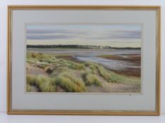 Pastel, beach head with dunes, Maram grass and pine forest beyond, titled 'Golden Dunes at