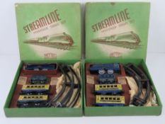 Two Mettoy Streamline Passenger train sets, tin plate clockwork each in original box and with