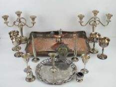 A quantity of assorted silver plate inc pair of candleabra, large serving tray, pair of stem vases,