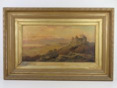 Oil on canvas; Study of Harleck Castle, North Wales. Sheep and rocky outcrop before, mountains and