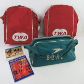 Two TWA airline flight bags. Together with a BOAC canvas type flight bag having menu and Welcome