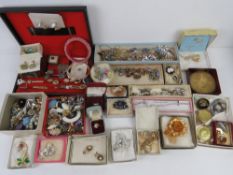 A quantity of assorted costume jewellery inc seahorse brooch, fine bone China brooches, tie clips,