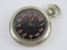 A vintage pocket watch having black dial with red painted Arabic numerals and hands, 40mm dia.