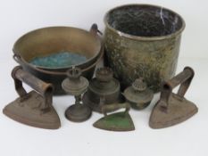 A brass planter together with a brass jam pot, a miniature iron, two cast iron irons and other