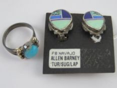A pair of Native American Navaho silver clip on earrings by Allen Barney set with turquoise and