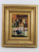 Oil on board of city scene with women sat on steps, within good gilded wooden frame, 42.
