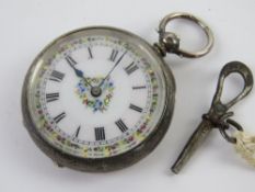 A Swiss silver fob watch having white enamel dial with hand painted floral decoration to centre