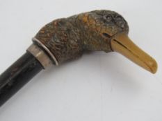 An ebonised walking cane having well carved duck's head handle with white metal fittings all