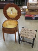 A c1950s walnut Morco sewing or work table (44 x 44 x 46cm) bearing original label within together