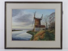 Pastel, derelict windmill by the broads titled 'Stirring Breeze Oby Mill Norfolk', signed lower