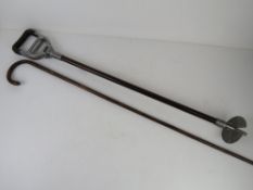 A vintage bamboo walking cane together with a shooting stick. Two items.