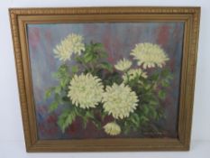 Acrylic on canvas of chrysanthemums, signed lower right Florence Fieldmouse,
