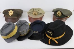 Seven assorted caps. Three US Army Visor caps, and four reproduction civil war hats.