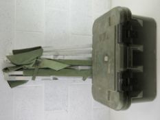 A British Military camp bed together with a British Military cooler box marked B Company 2 RW upon.