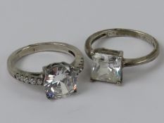 Two silver and cz stone cocktail rings, each stamped 925, sizes O-Q.