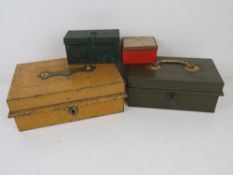 Two vintage cash boxes together with a small green painted cash box and a vintage wood lined box.