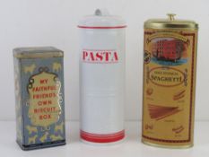 A vintage Spratt's My Faithful Friend Biscuit box together with two other tins. Three items.
