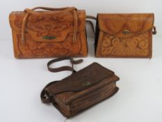 A tooled leather handbag made in Mexico by J L Vale,
