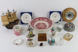 A quantity of assorted oddments including ceramics, flying Dutchman clog lamp for rewiring,