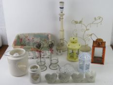 A white painted wicker basket together with a white painted table lamp for rewiring,