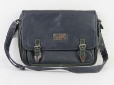 A satchel type laptop bag in green and b