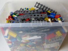 A large quantity of assorted Lego inc a large quantity of train track in lidded storage box,