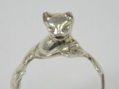 A silver ring in the form of a cat, stamped 925, size P-Q.