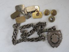 A HM silver fob on HM silver chain together with two pairs of 9ct gold on silver cufflinks and