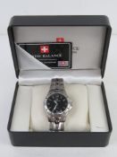 A Swiss Balance stainless steel wristwatch in original presentation box.