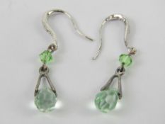 A pair of silver and green crystal earrings, stamped 925, 3.7cm drop.