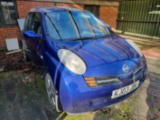 2003 Nissan Micra Petrol Automatic. Colour: Navy. Registration: KJ03 JBU. Cloth interior. With keys.