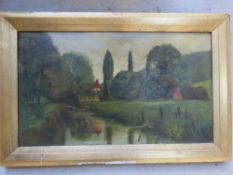 Oil on board, naive study of a riverside, house and trees beyond, monogrammed lower left 'JC',