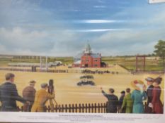 Signed print; The Brooklands Centenary by Richard Whatland signed in pencil by the artist, unframed,
