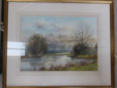 Watercolour by Ken Messer entitled Thames morning, signed lower right, sight size 43 x 30cm ,