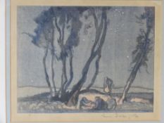 A signed print of night time scene with figures and trees before, signature indistinct,