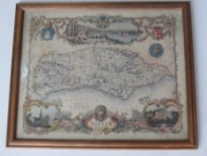 A framed map of Sussex, approx 27 x 22cm overall.