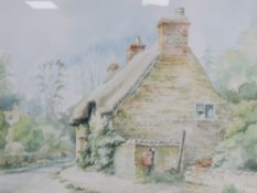 Watercolour; 'The Old Post Office, Lyndon, Rutland', country lane with thatched cottage,