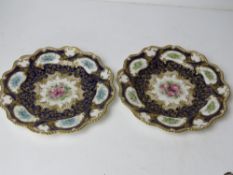 A pair of Royal Worcester cabinet plates of floral pattern upon white and cobalt blue ground with