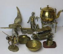 A quantity of assorted brass and copper wares approx 7kg inc copper warming pan, teapot and trivet,
