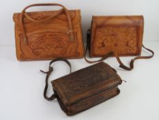 A tooled leather handbag made in Mexico by J L Vale,