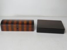 A delightful wooden pen box opening to reveal tapestry lined compartment within, approx 23cm wide.