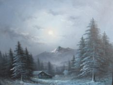 Oil on canvas; snowy evening mountainside scene, signed Chapman, 60 x 50cm,